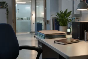 An empty hospital safety office has patient folders, a green status light and a compact server unit.