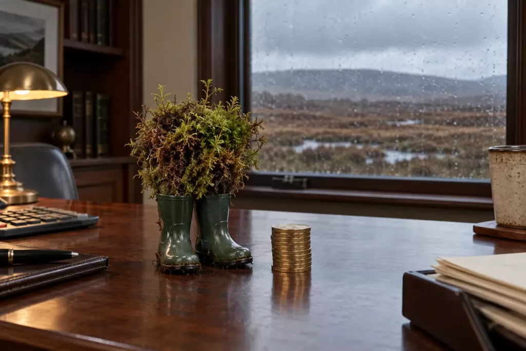 Original editorial photograph of moss wearing wellies for peatland funding 2026