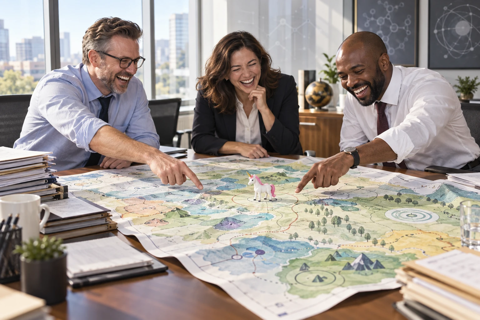 Three fictional pension investment managers laugh around a colourful innovation map with a tiny plastic unicorn.