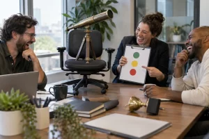 Three laughing office workers assess an antique telescope on a wheeled chair beside a blank clipboard.