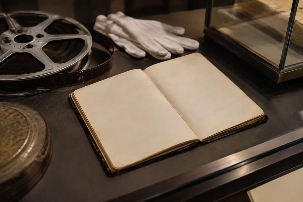 A blank open notebook, vintage film reel and white archival gloves sit inside a softly lit glass display case.