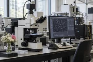 A research microscope stands beside a small vase of flowers in a bright shared science laboratory.