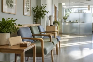 An empty primary care waiting room has a short line of chairs, a hydration station and a wellness information envelope.
