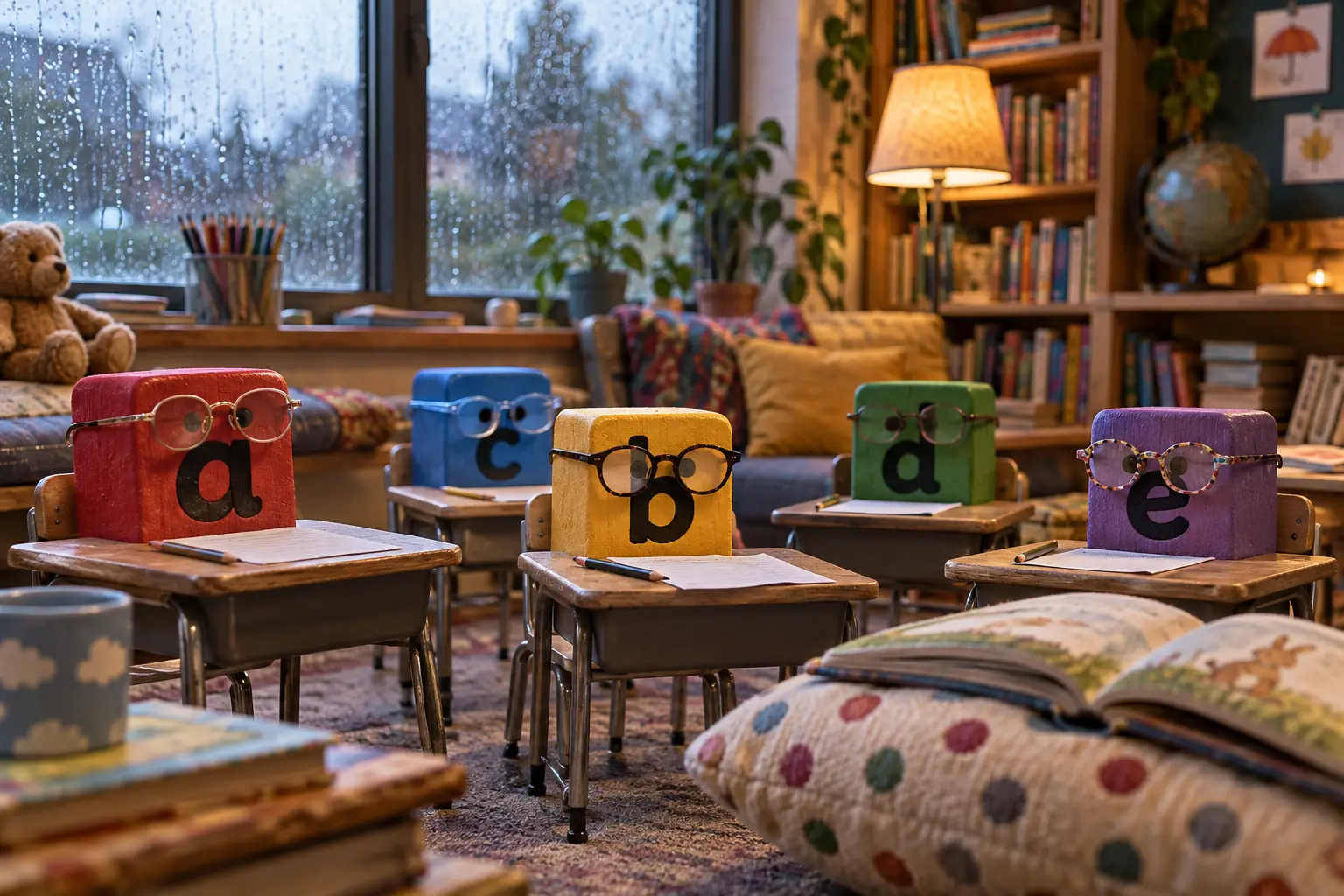 Letter blocks with reading glasses at tiny desks for fictional phonics screening check modified materials editorial photograph