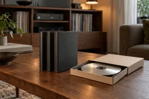 Anonymous disc cases and a silver optical disc rest on a warm wooden table.