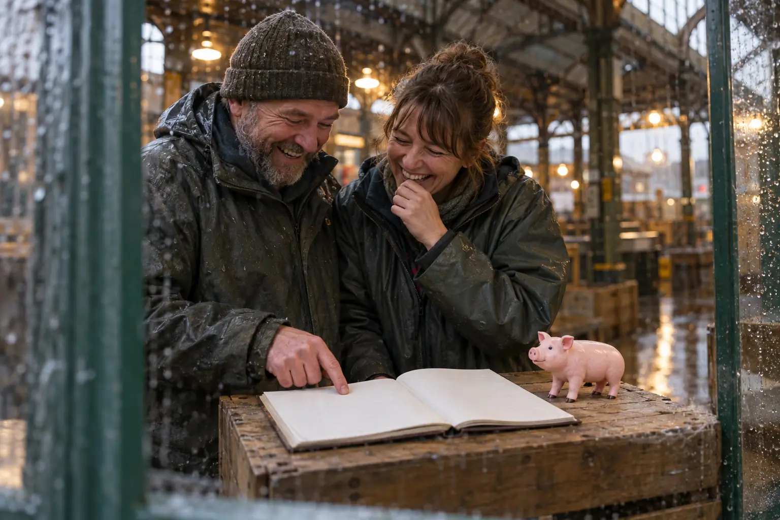 Original editorial photograph of two laughing adults beside a blank ledger and a toy pig for pigmeat import quota licences