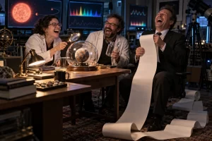 Two laughing scientists and a laughing suited official inspect a planet model under glass beside an empty jar and a long blank form.
