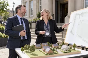 Two laughing planning officers beside a site plan for planning appeals written representations