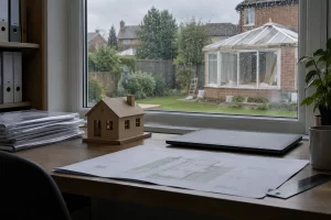 A planning office desk holds a wooden house model near a rain soaked garden conservatory.