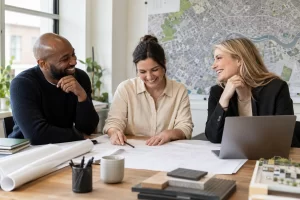 Three adult planning professionals laugh over unmarked site drawings in a bright office.