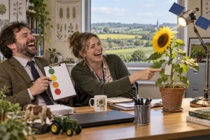 Two fictional agricultural analysts laugh while appraising a sunflower with an employee badge beneath a satellite shaped desk lamp.