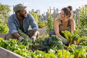 Two community gardeners laugh while tending leafy vegetables in a sunlit urban garden.