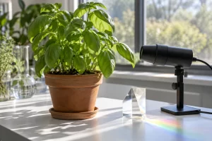 A basil plant stands beside an optical sensor and glass prism in a bright botanical research workspace.