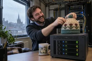 Original editorial photograph of a laughing office worker beside a sleeping server for Plastic Packaging Tax downtime