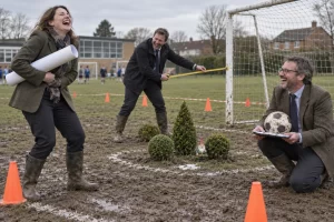 Three fictional adult planning consultants clearly laugh beside a muddy community football pitch while measuring the goalmouth and examining a housing brochure.