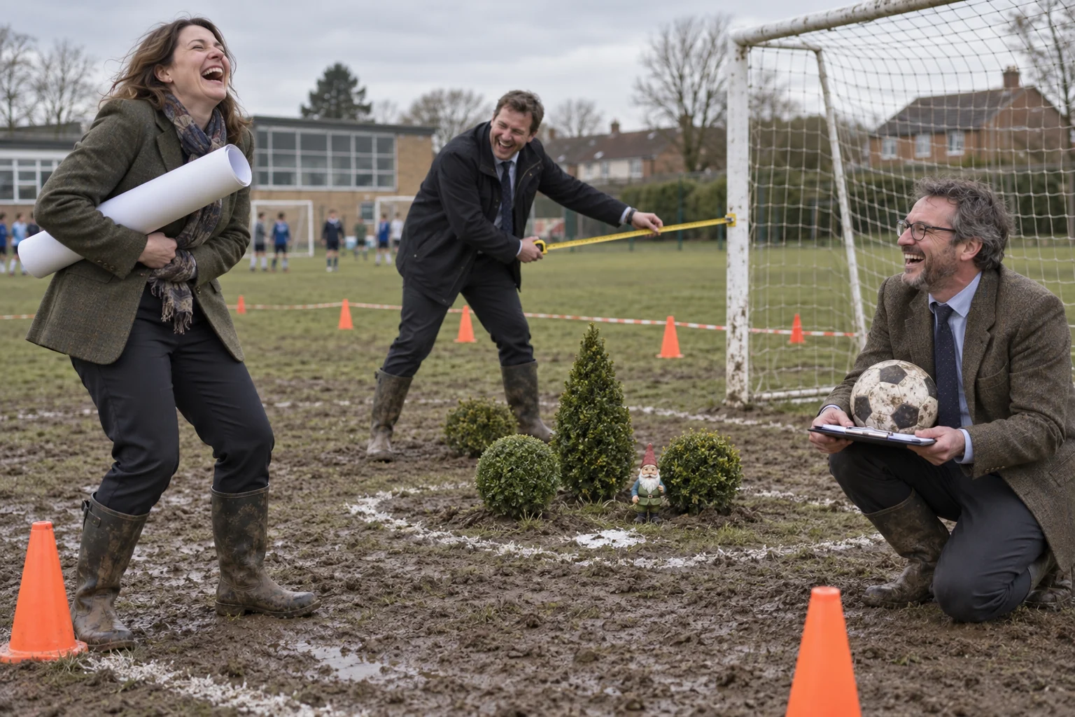 Three fictional adult planning consultants clearly laugh beside a muddy community football pitch while measuring the goalmouth and examining a housing brochure.