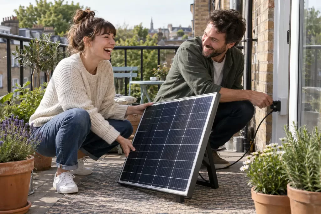 Two laughing householders installing generic plug-in solar panels on a balcony