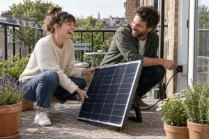 Two laughing householders installing generic plug-in solar panels on a balcony