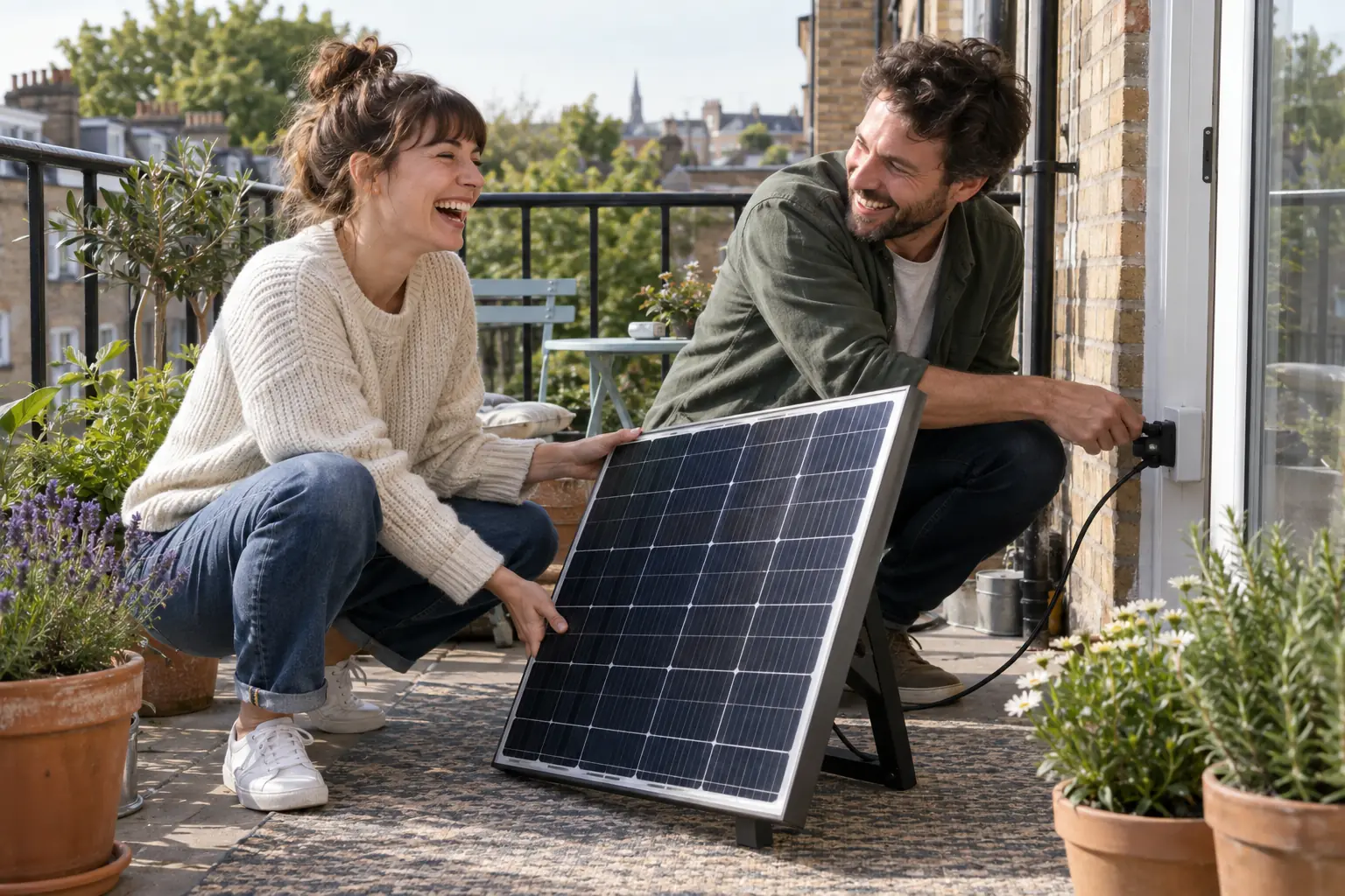 Two laughing householders installing generic plug-in solar panels on a balcony