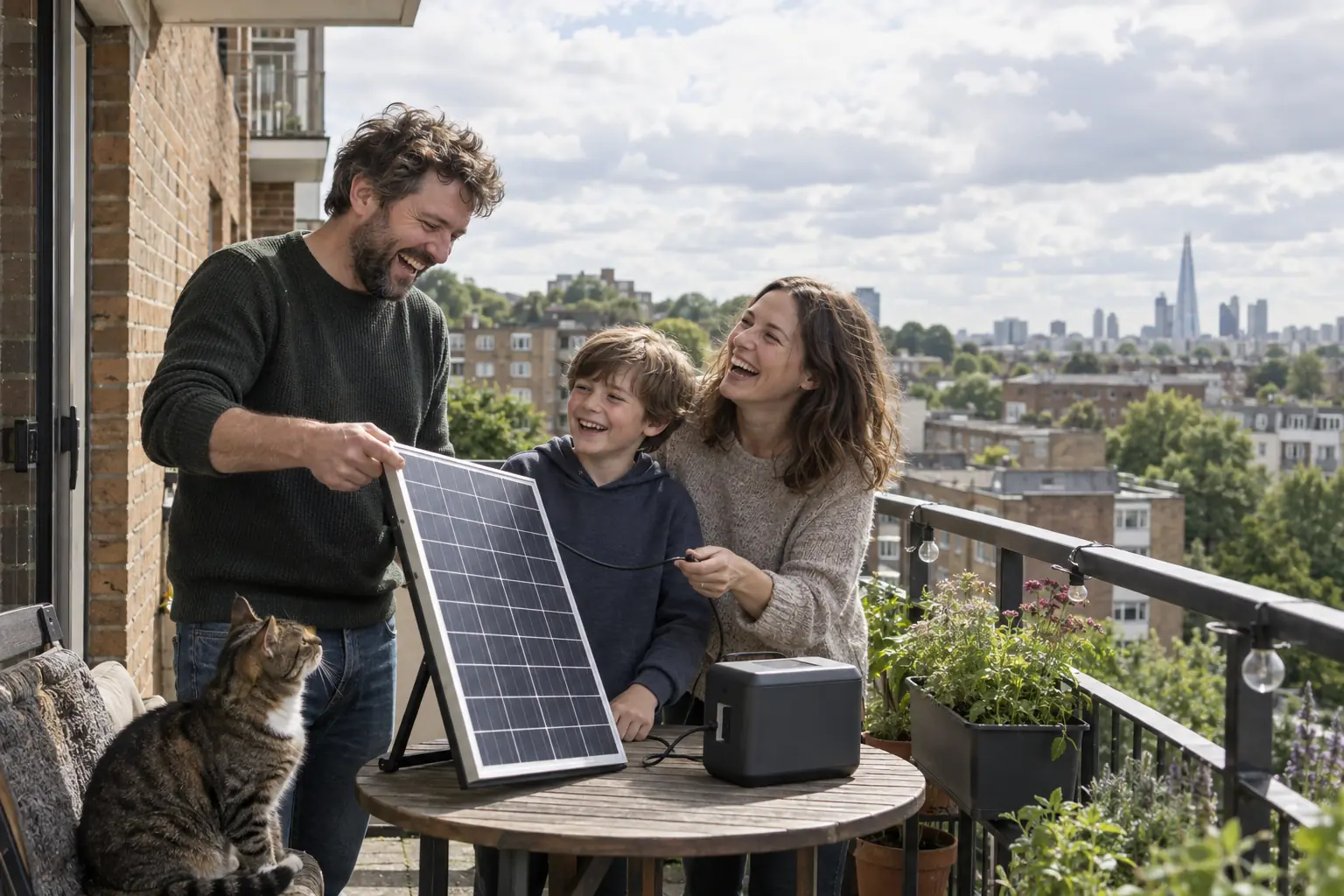 Laughing family on a British balcony holding a generic small solar panel