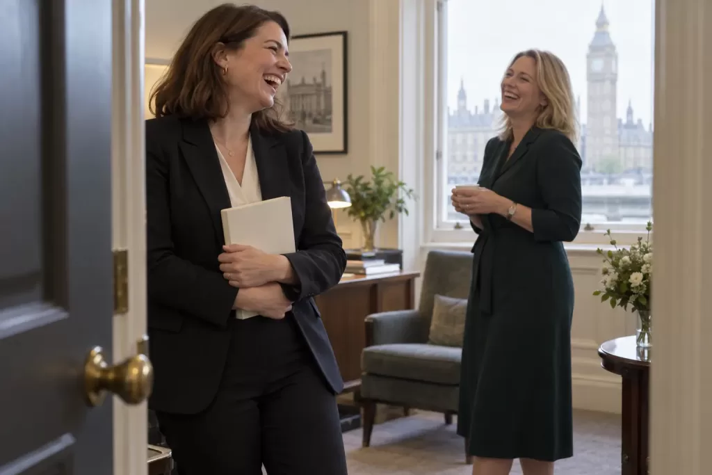 Two laughing women professionals in fictional PM adviser women and girls 2026 office