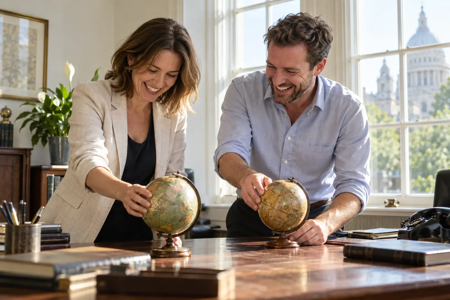 Original editorial photograph of two laughing adults beside two unlabelled desk globes for a UK India leaders call