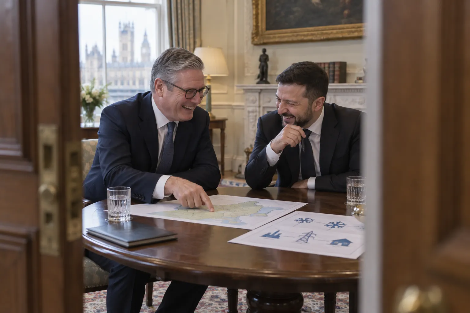 Two laughing diplomats at a fictional PM Zelenskyy meeting Yerevan 2026