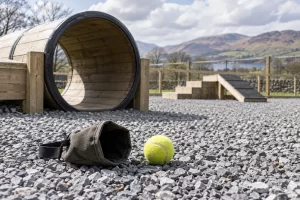 An empty wooden training tunnel, scent pouch and tennis ball sit in a quiet gravel yard.