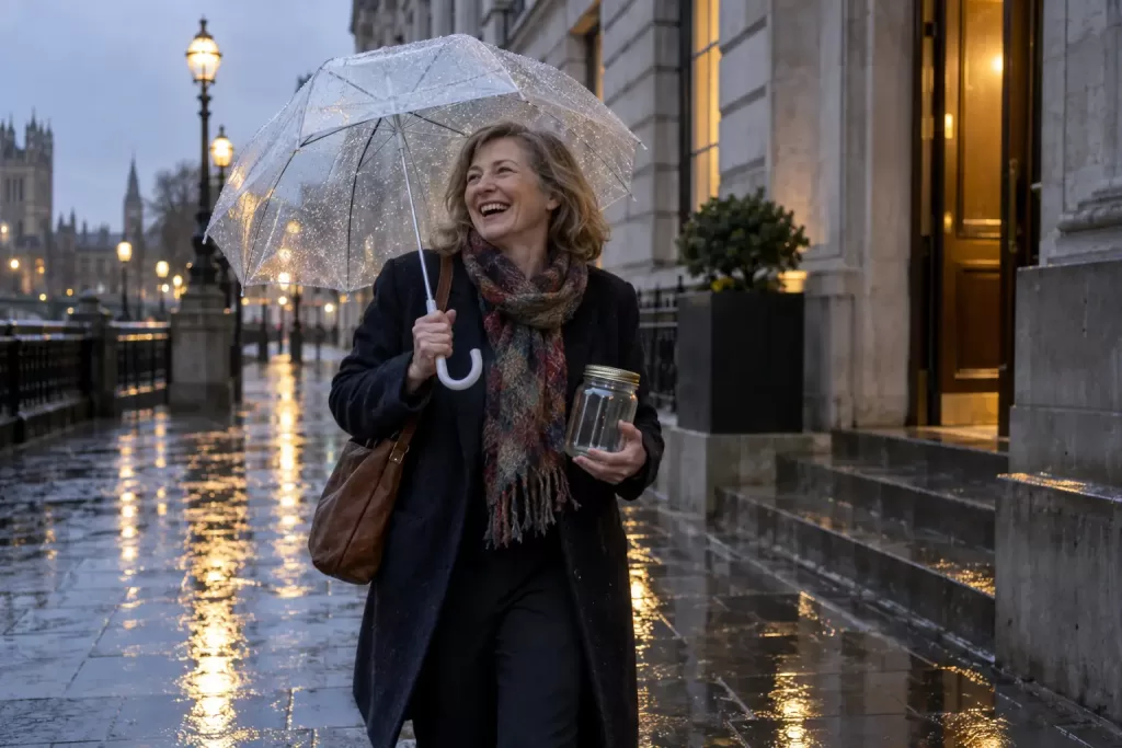 Original editorial photograph of one laughing woman holding a plain empty donation jar under a clear umbrella on a rainy London civic street, with no other people