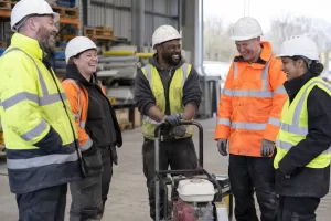 Five laughing adult construction workers in hard hats stand beside a generic portable concrete tool in a workshop.