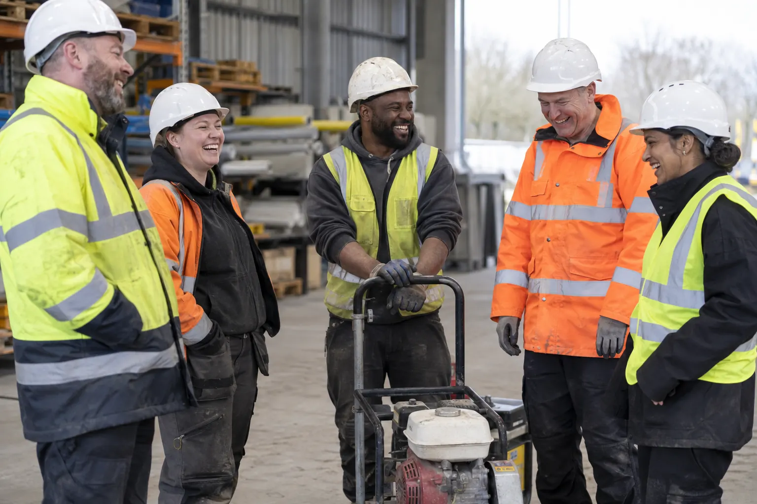 Five laughing adult construction workers in hard hats stand beside a generic portable concrete tool in a workshop.