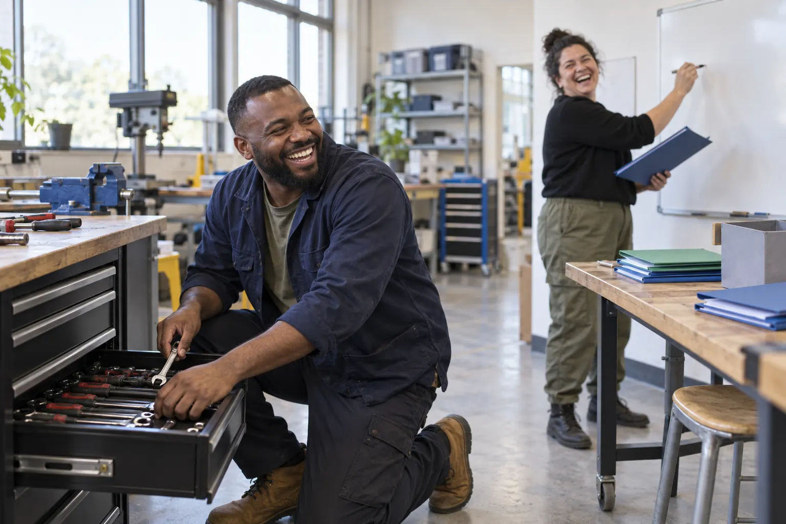Two laughing educators in a fictional post-16 local authority support 2026 workshop