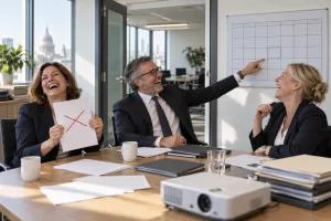 Three fictional adult financial supervisors clearly laugh beside a blank wall calendar showing an empty Thursday in a modern meeting room.