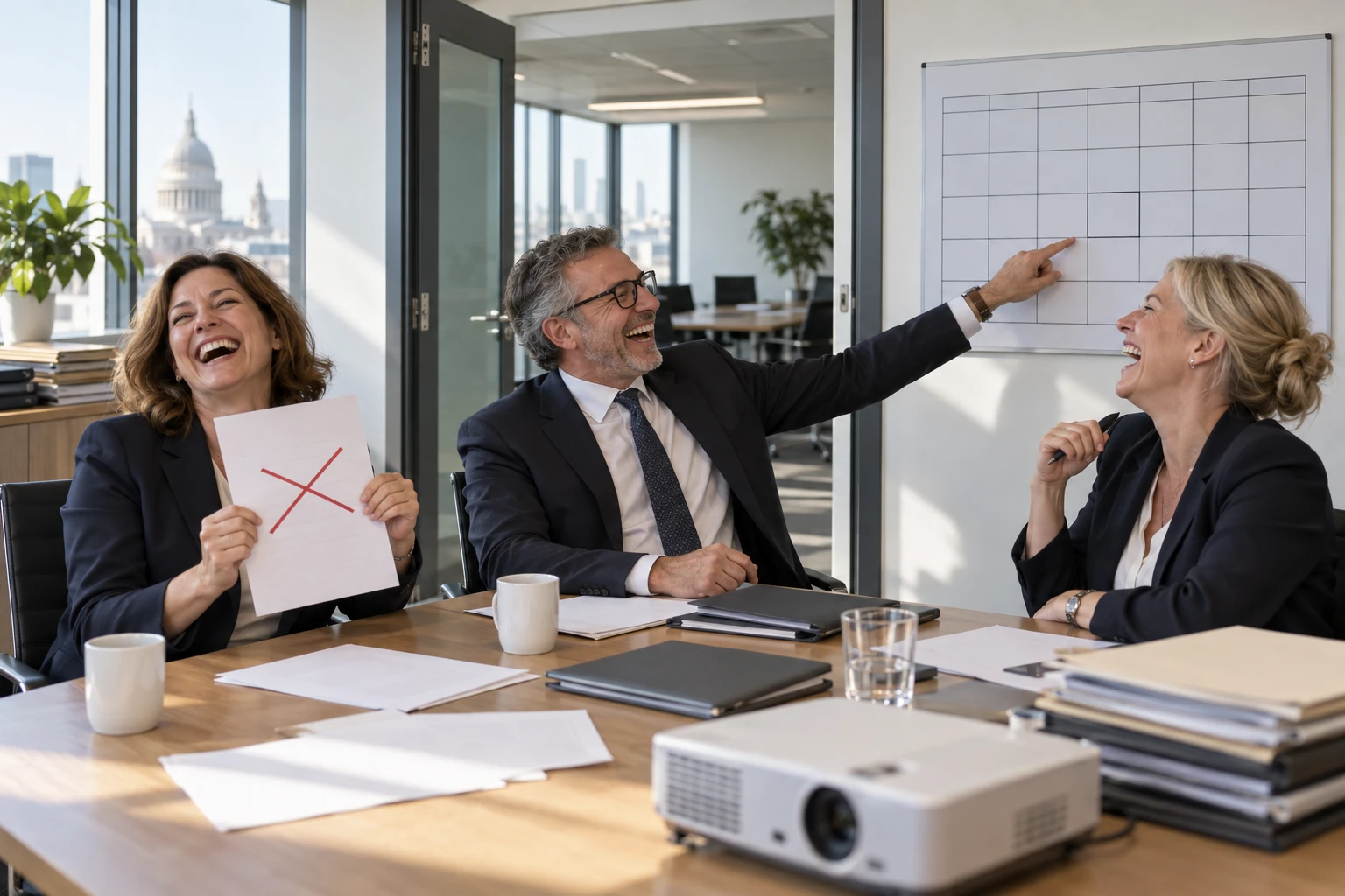 Three fictional adult financial supervisors clearly laugh beside a blank wall calendar showing an empty Thursday in a modern meeting room.