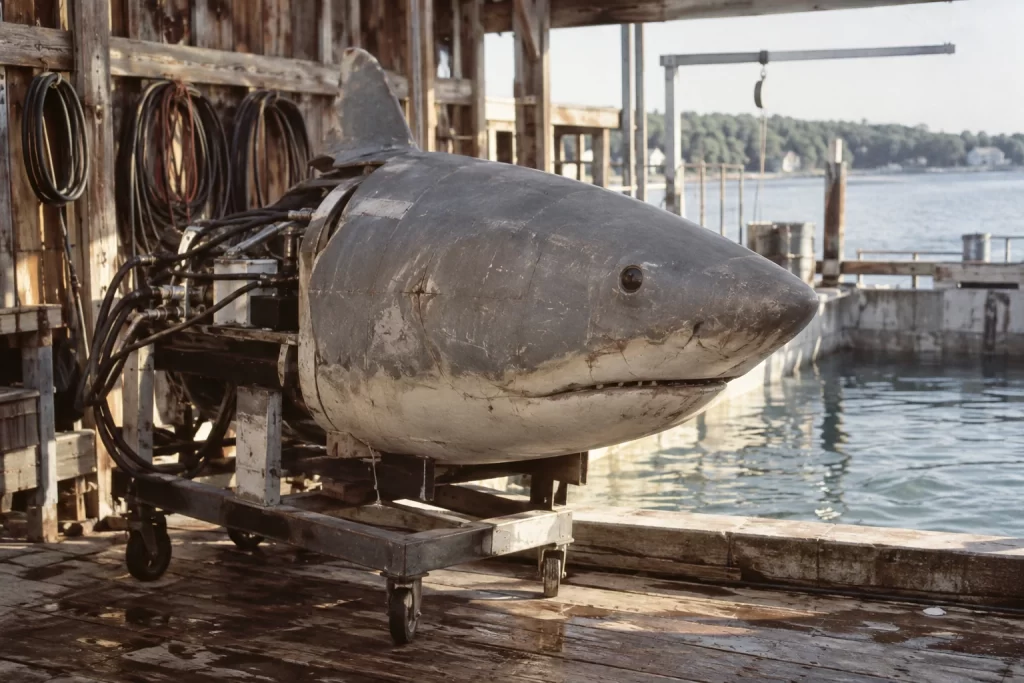 A weathered mechanical shark prop rests on a workshop stand beside water with hydraulic hoses exposed.