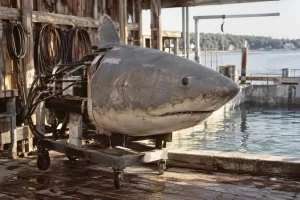 A weathered mechanical shark prop rests on a workshop stand beside water with hydraulic hoses exposed.