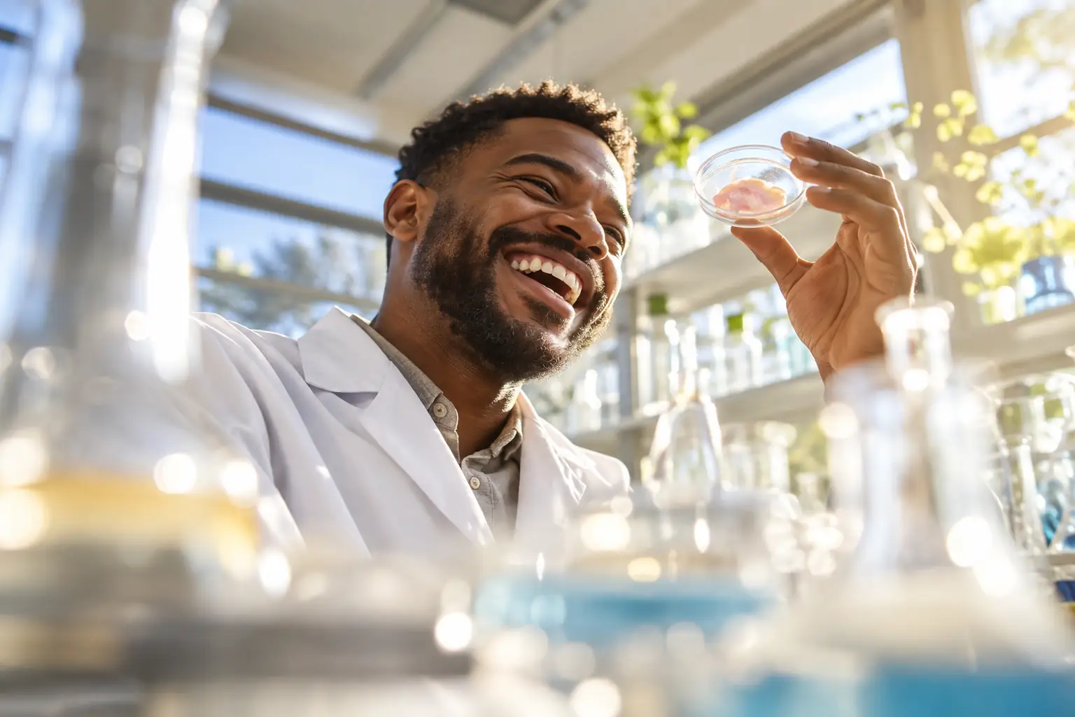 Original editorial photograph of a laughing Black male scientist alone holding a blank tiny glass tissue-model dish in a sunlit laboratory