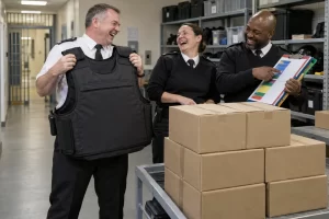 Three fictional adult prison staff clearly laugh beside protective body armour boxes and a colour coded clipboard.