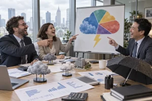 Three fictional adult financial analysts clearly laugh around a desk at a spreadsheet showing a colourful pie chart thundercloud, with miniature storm clouds and an umbrella.