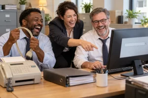 Three laughing fictional procurement workers at a computer with a printer cable and fax machine