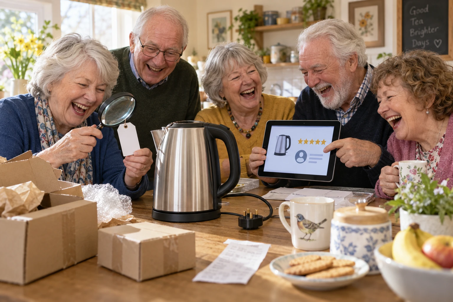 Five fictional older British adults visibly laughing while inspecting a generic electric kettle and blank product label at a kitchen table.