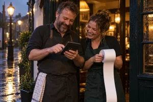 Original editorial photograph of two laughing pub workers using a blank calculator and holding a blank paper roll at a rainy pub doorway, with no other people