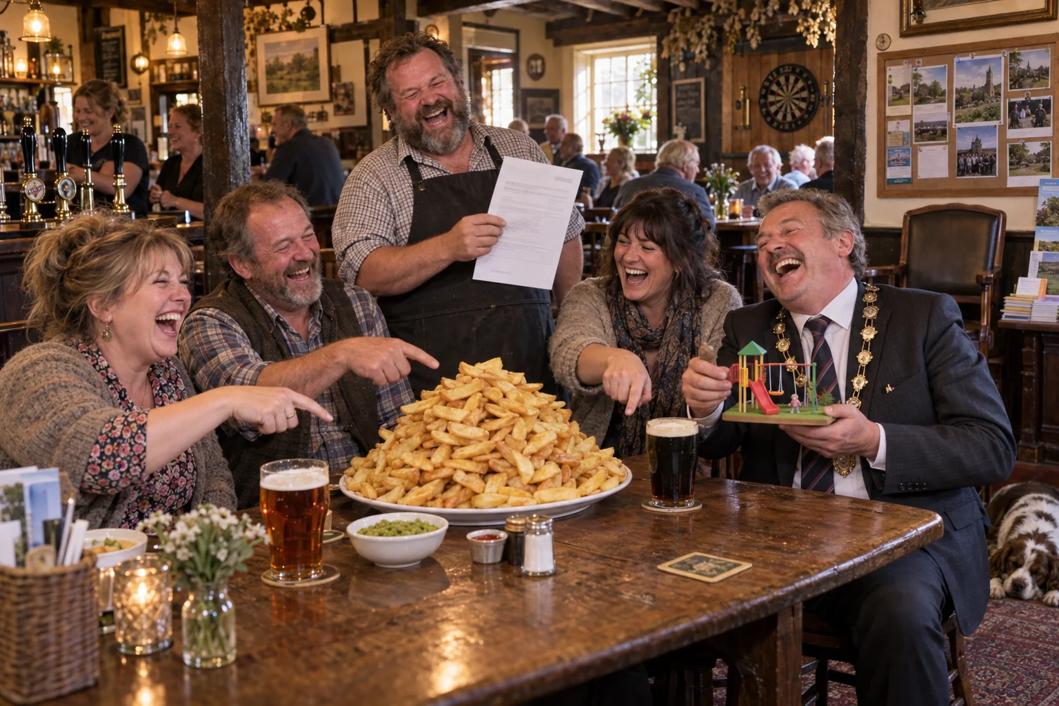 Laughing fictional pub landlord, villagers and local official examine a business rates document beside an enormous plate of chips in a busy pub.