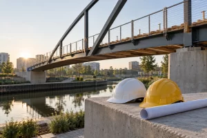 Two plain hard hats and a blank rolled plan rest beside a new pedestrian bridge over a quiet urban canal.