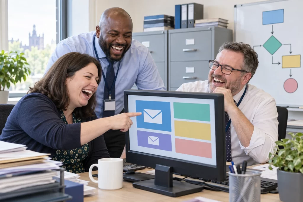 Three fictional public sector workers laugh while viewing an abstract password email screen.