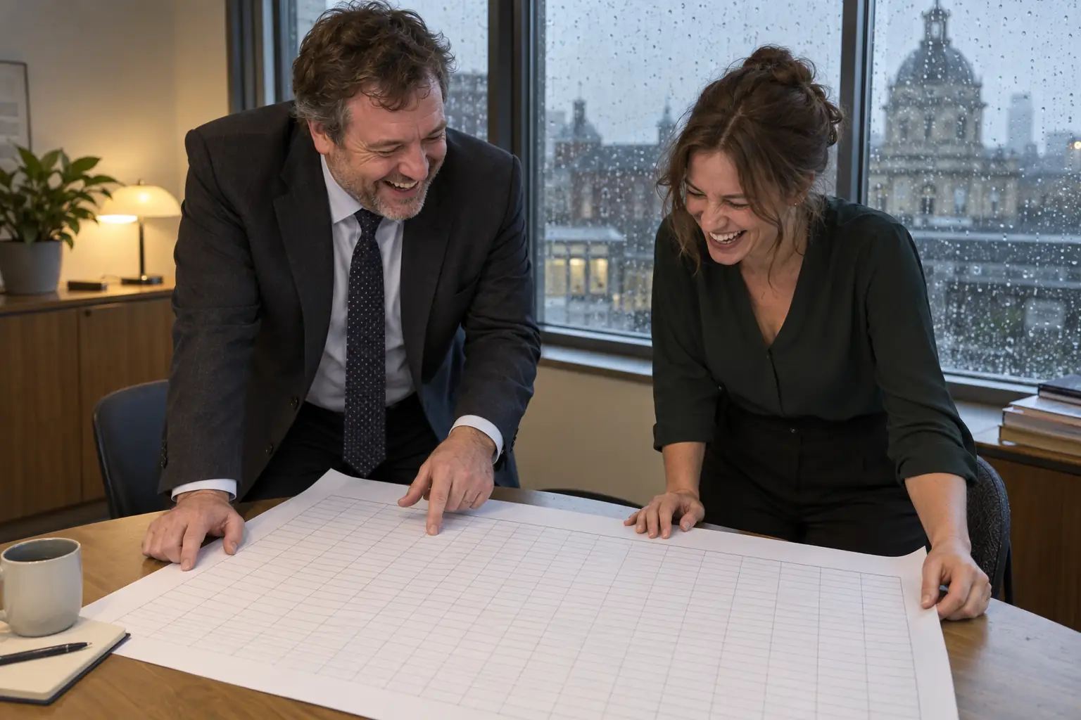 Original editorial photograph of two laughing adults looking at a blank spreadsheet in a rainy civic office for public spending jobs and skills