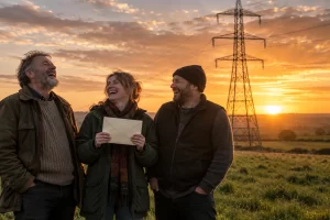 Three laughing rural residents stand beside an electricity pylon at sunset while one holds a blank envelope.
