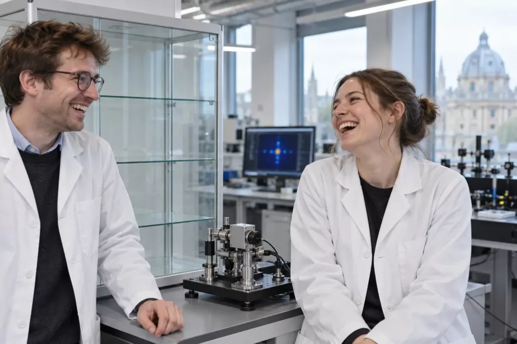 Two laughing researchers for Quantum Development Group cooperation