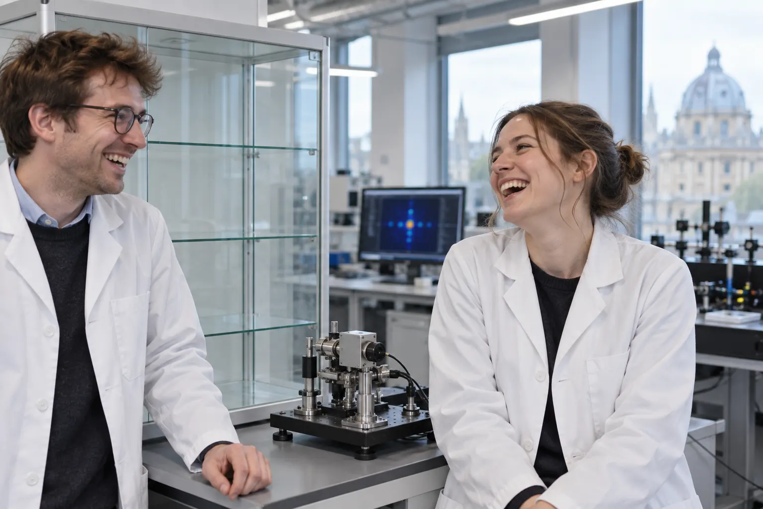Two laughing researchers for Quantum Development Group cooperation