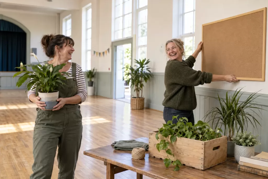 Two laughing organisers for Queen Elizabeth Trust community spaces